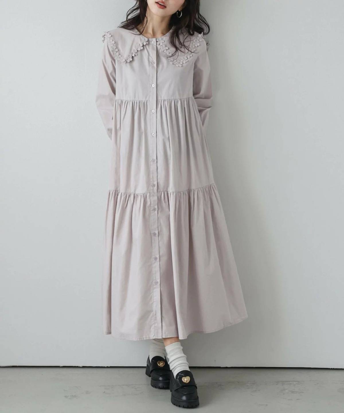 Lajour レースカラーティアードワンピース