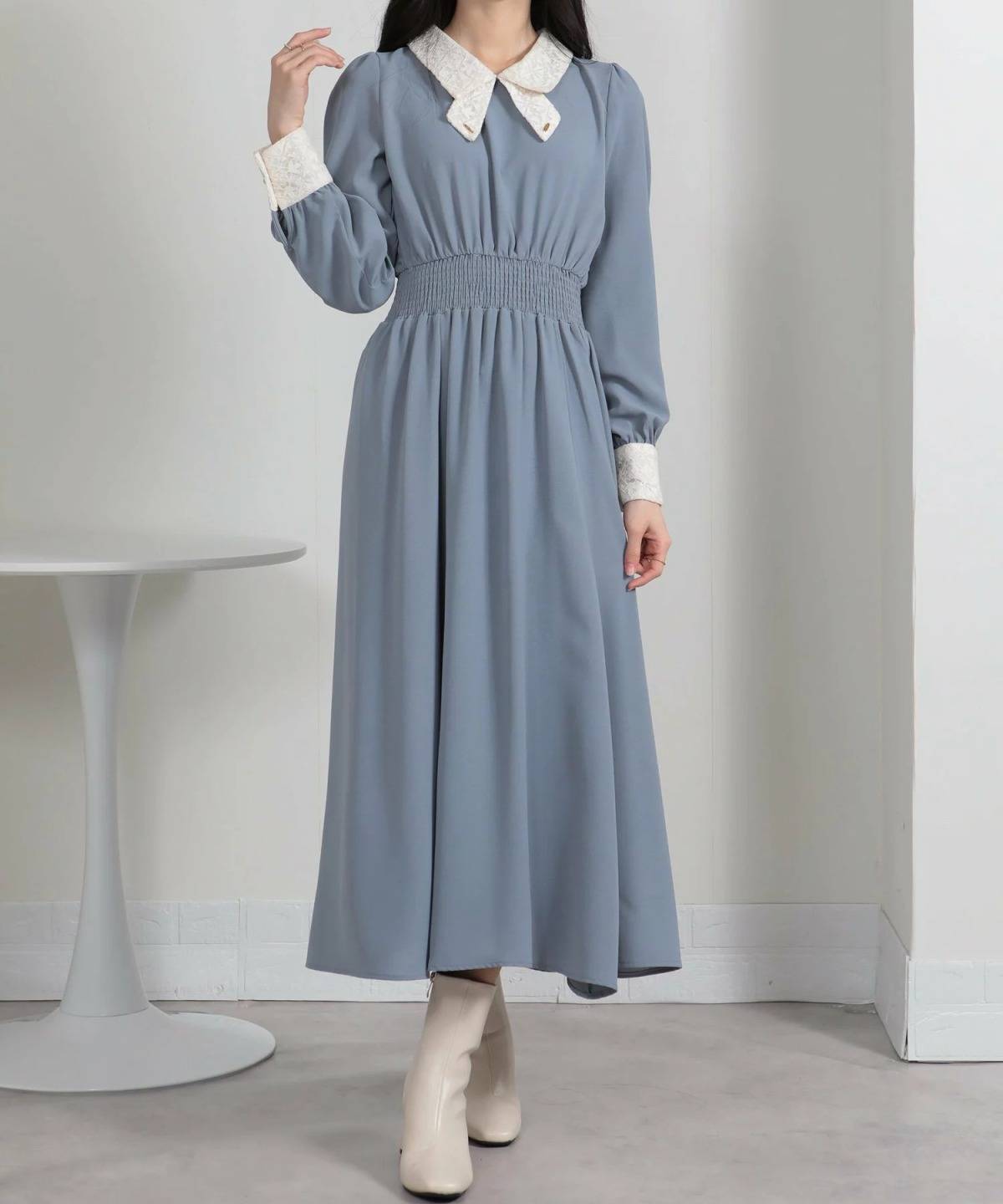 pumpkin port レースリボン襟使い ハイウエスト ゴールドプレート ロングワンピース