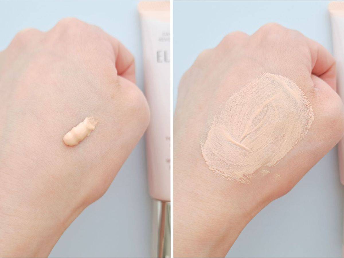 エリクシール デーケアレボリューション トーンアップ　ピュアベージュの手元スウォッチ