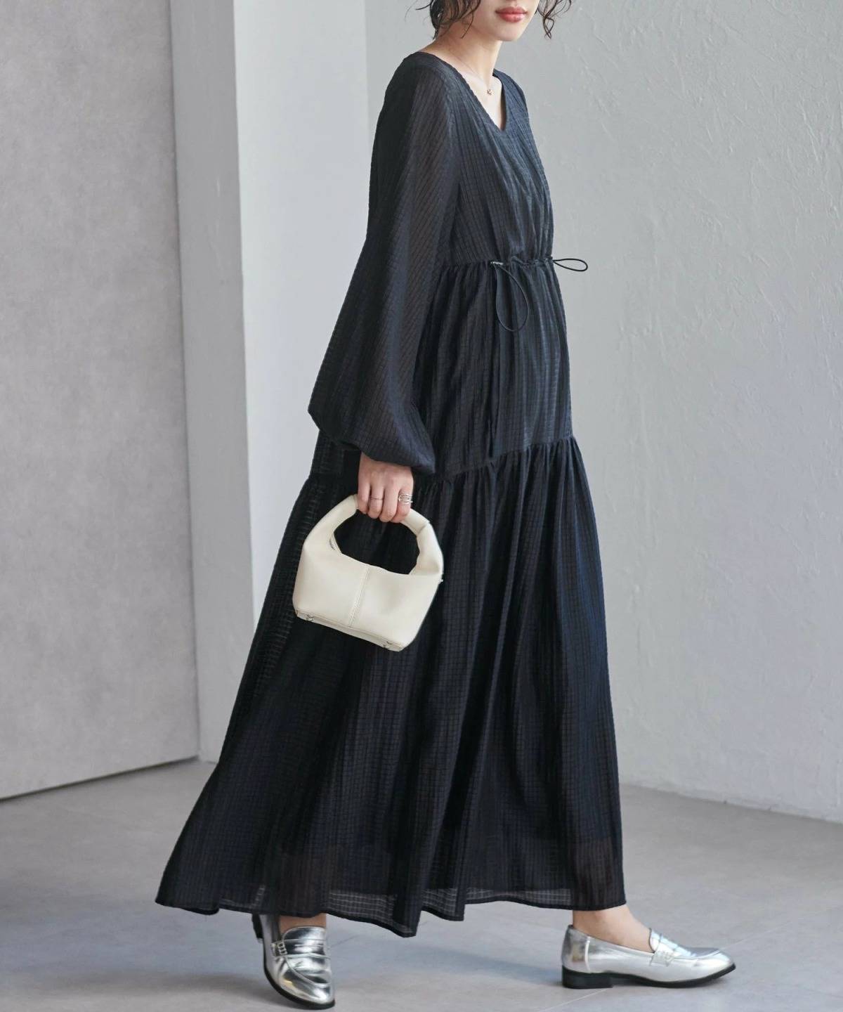 Ranan シアーチェックドロストギャザーティアードワンピース