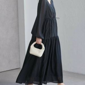  Ranan シアーチェックドロストギャザーティアードワンピース 