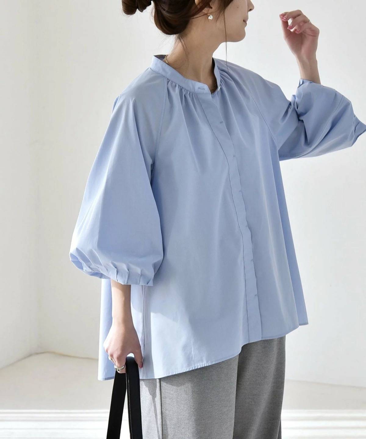 SHIPS REPREVE バンドカラー ギャザー パフ シャツ ブラウス