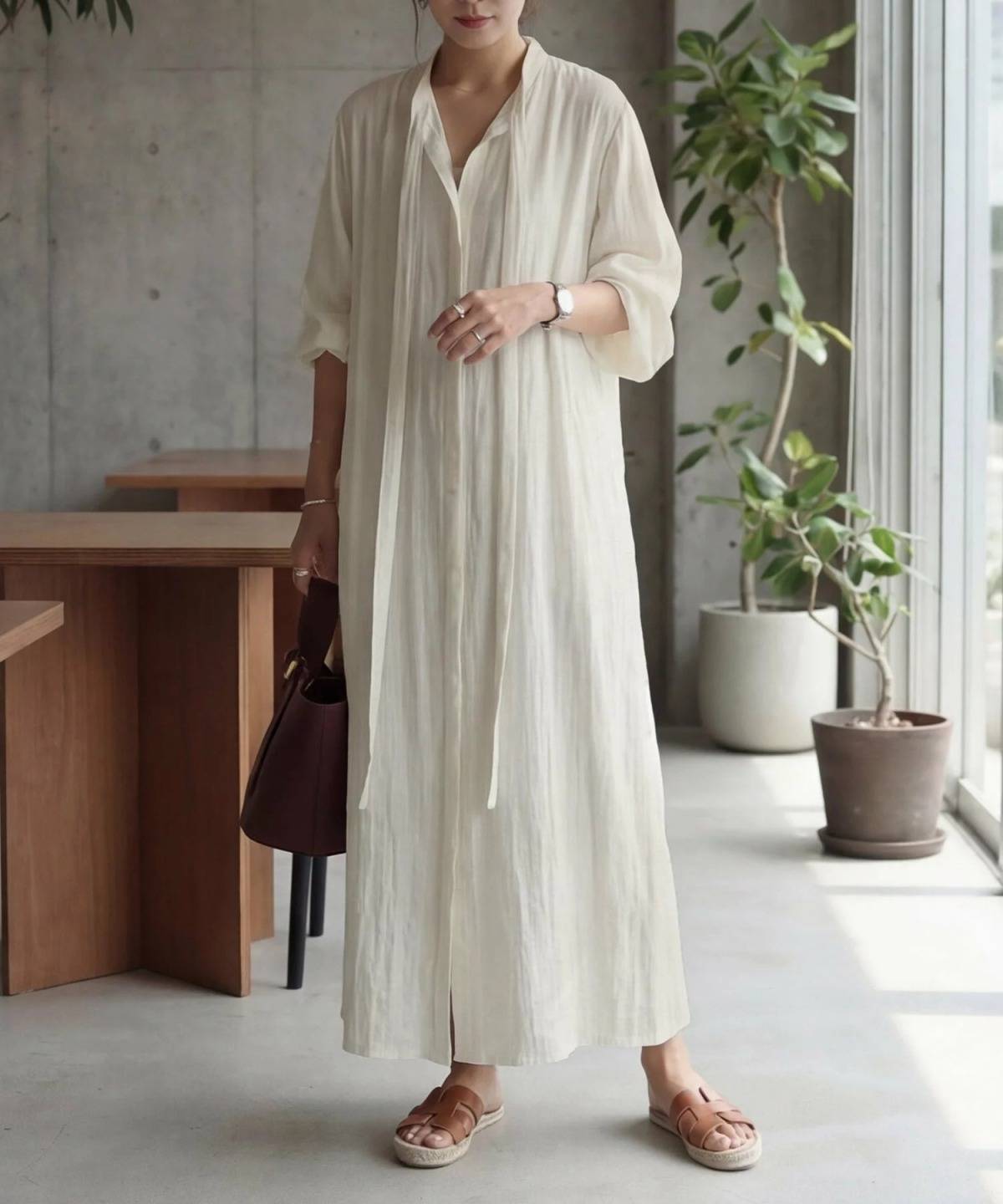 STYLE DELI 綿麻混紡ロングボウタイギャザーワンピース