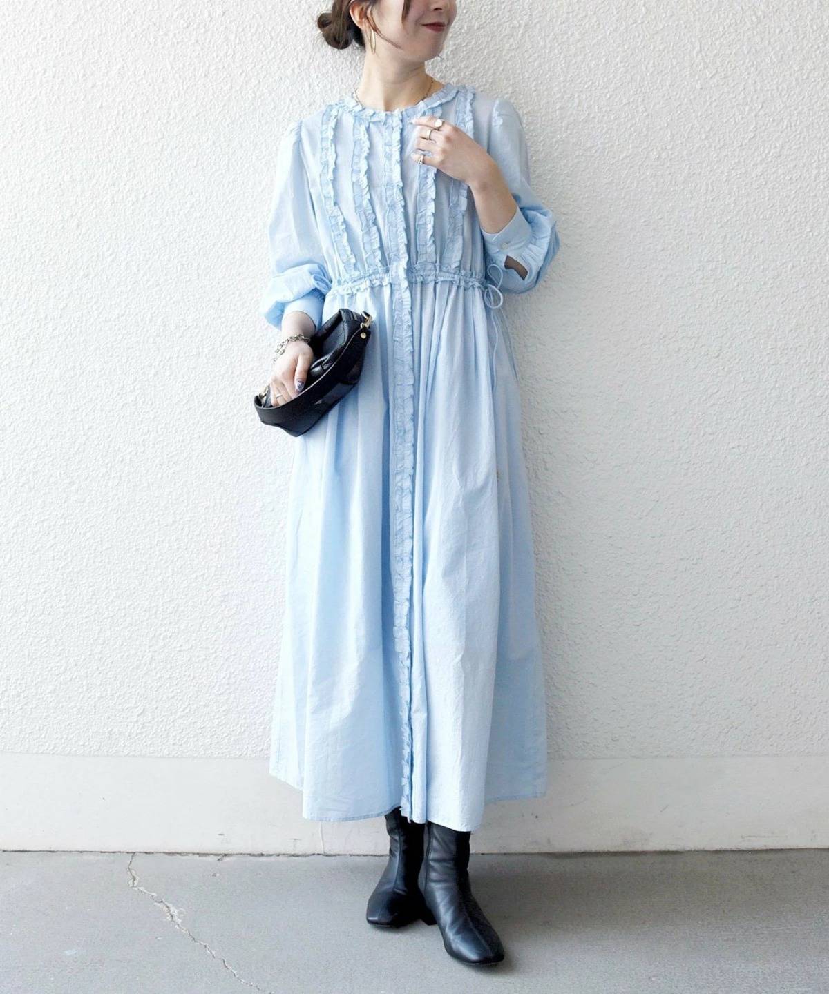 SHIPS キャンブリック Aライン フリル シャツ ワンピース