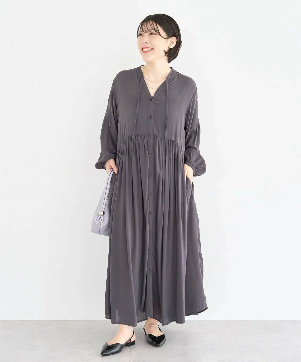 Green Parks スキッパーギャザーワンピース