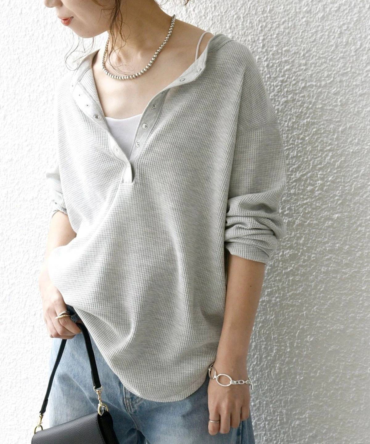 SHIPS ワッフル ヘンリーネック ラウンドヘム プルオーバー