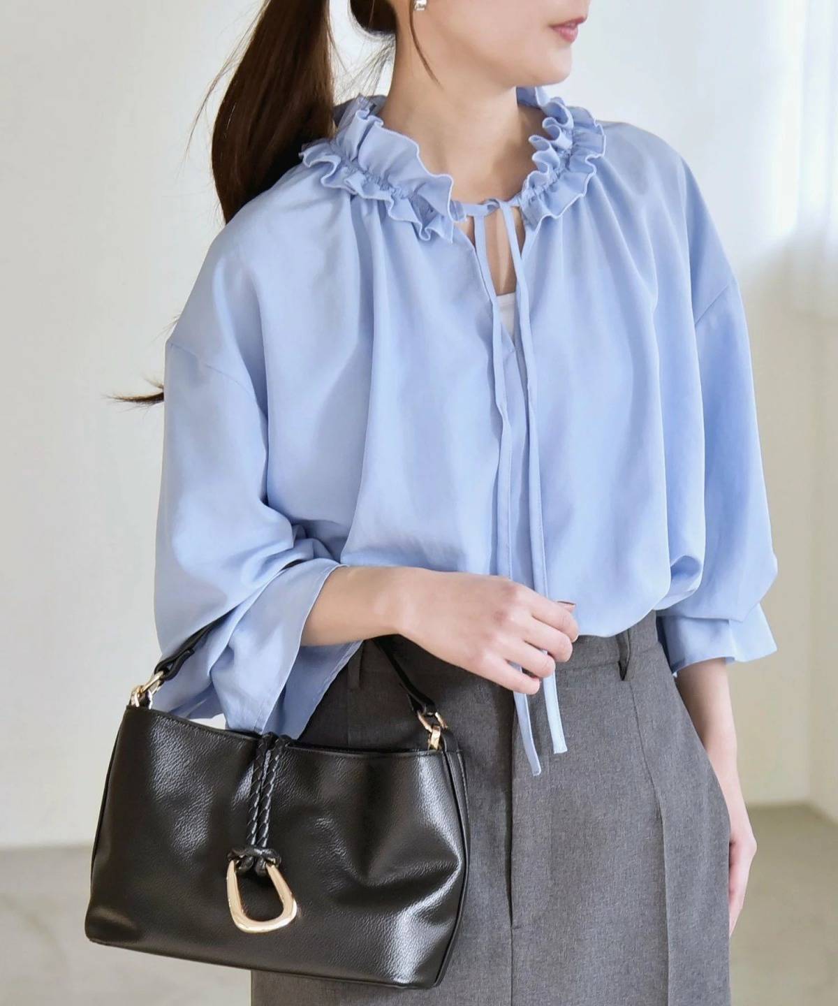 SHIPS フリルカラー リボン ギャザースリーブ ブラウス