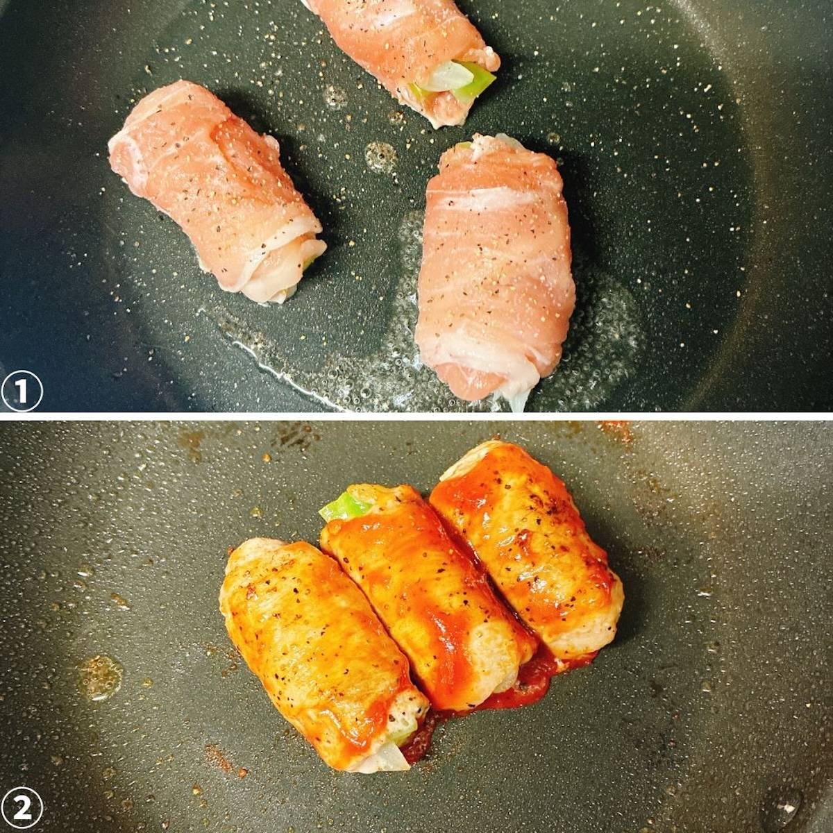 JAグループ公式の「新玉ねぎとキャベツの芯でケチャップ豚肉巻き」のレシピ