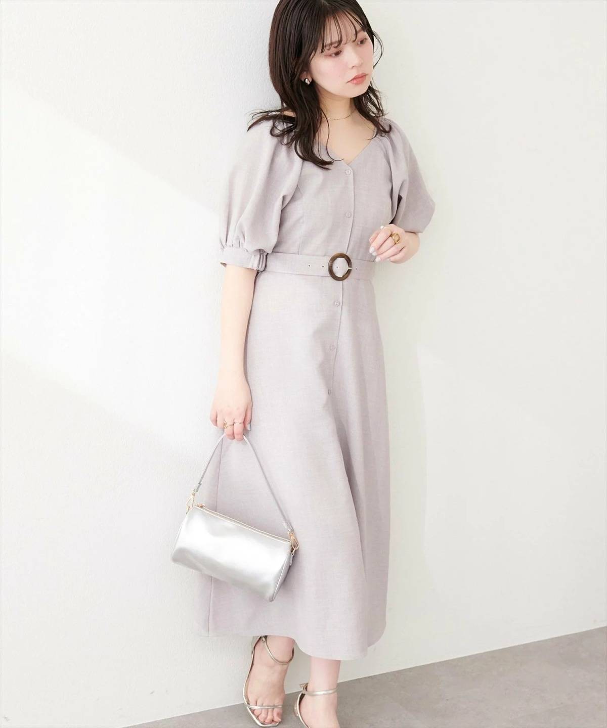 natural couture フロントボタンベルト付きワンピース