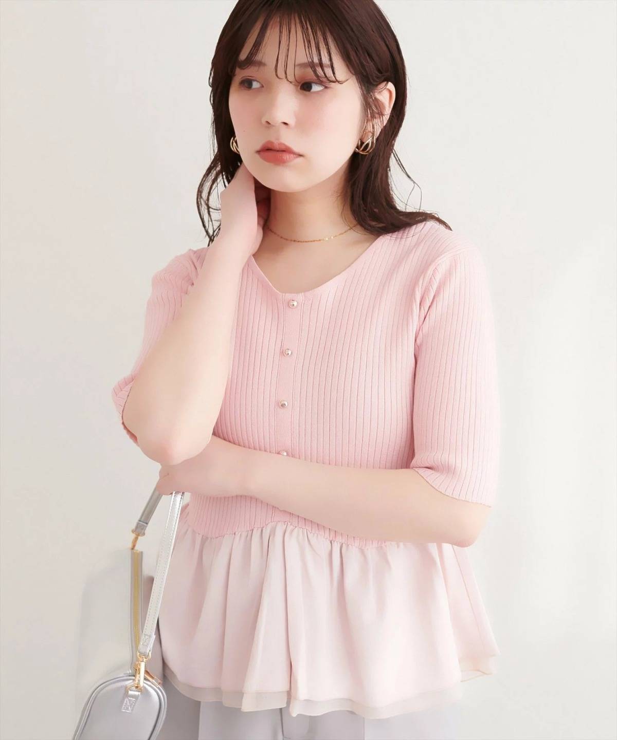 natural couture 異素材ペプラム半袖ニット