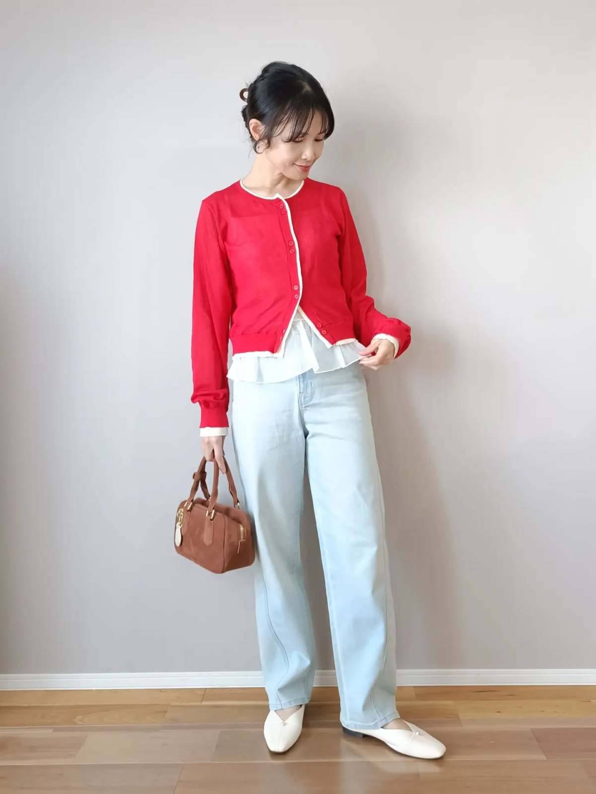 カラーカーディガン×フリルトップス