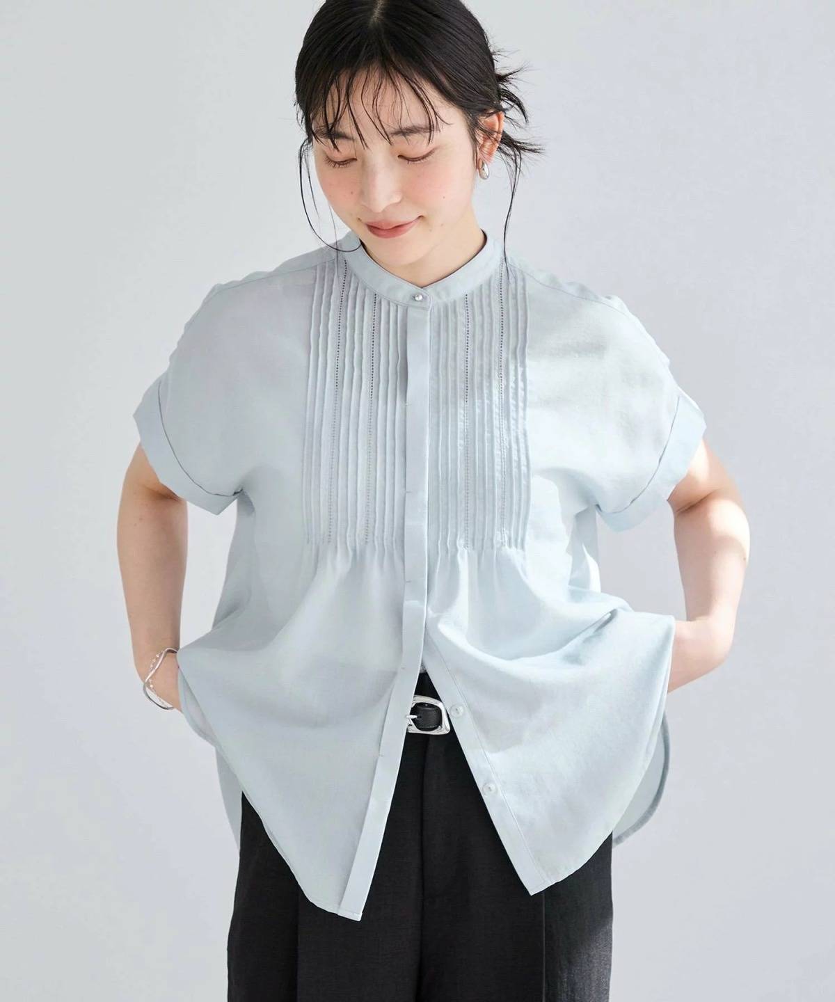 VIS 気流染めピコピンタック半袖ブラウス