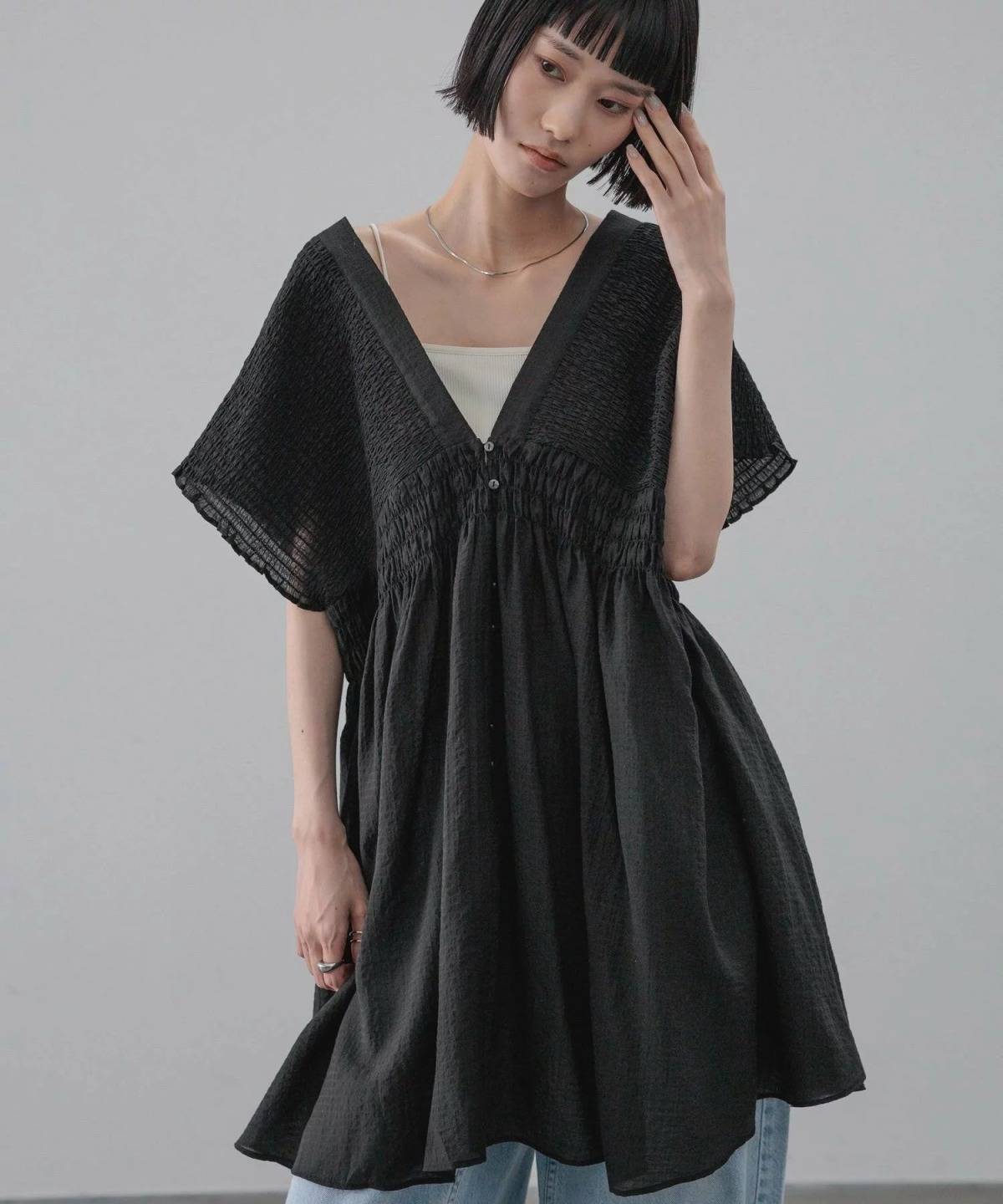 LOWRYS FARM シャーリングチュニックフレンチスリーブ