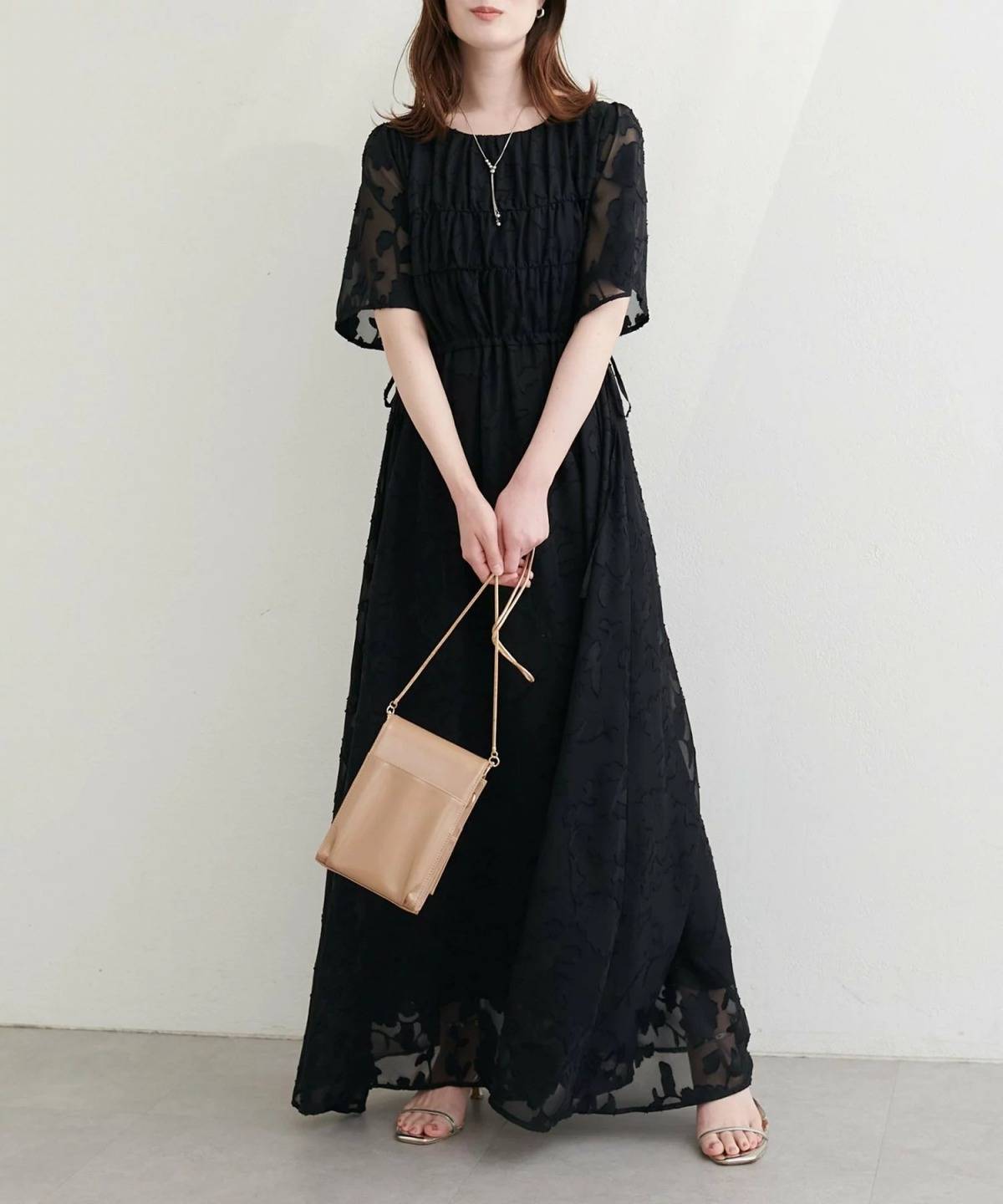 natural couture ジャガードウエストリボンワンピース