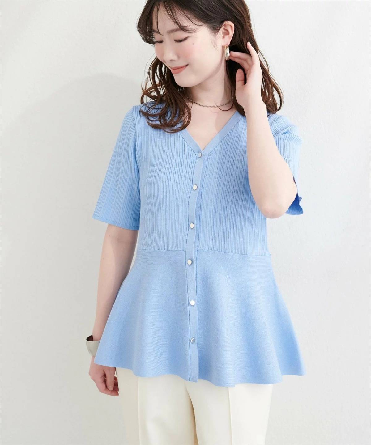 natural couture ランダムリブ5分袖ペプラムニットカーディガン
