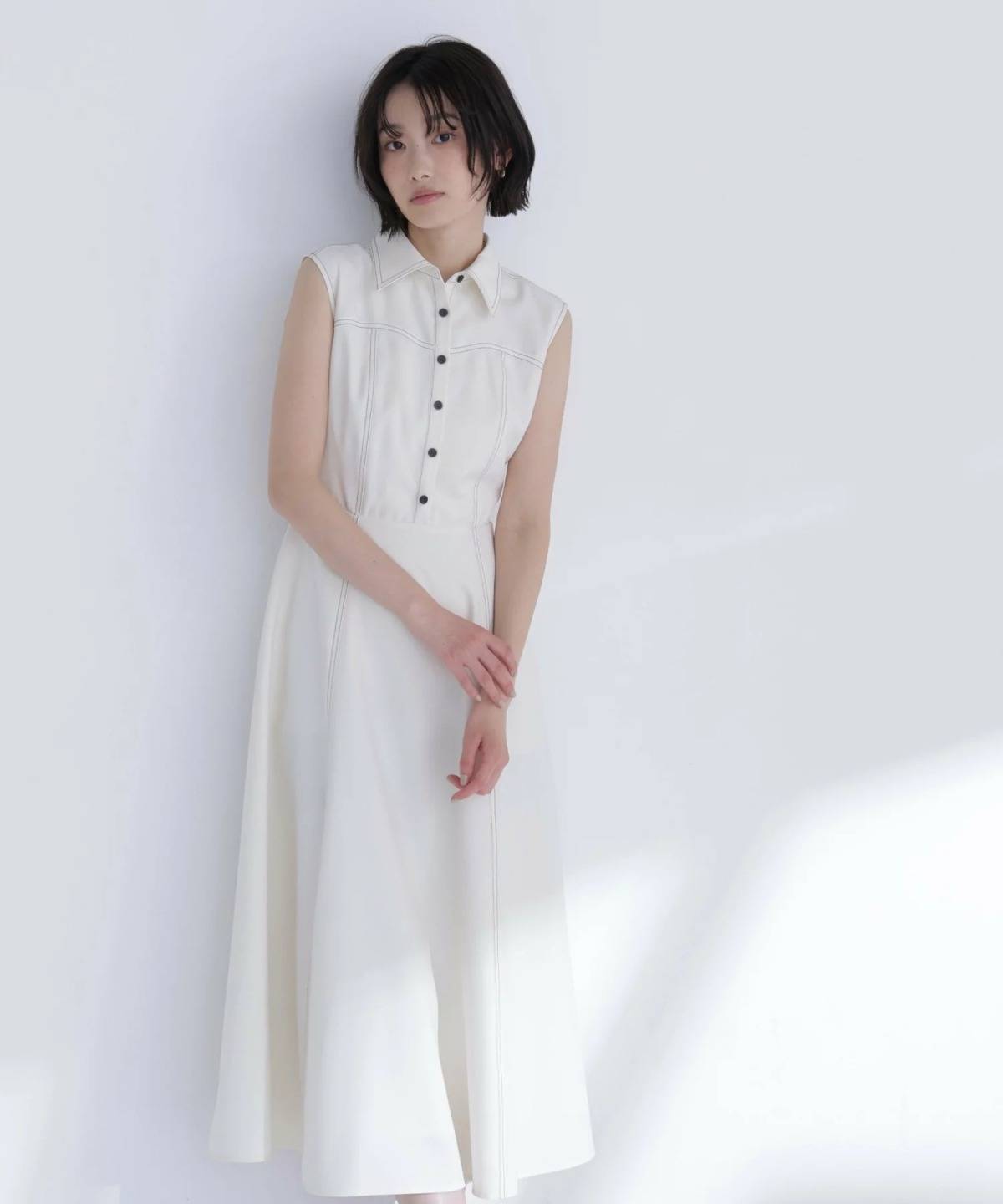 NATURAL BEAUTY BASIC 襟付きバイカラーステッチワンピース