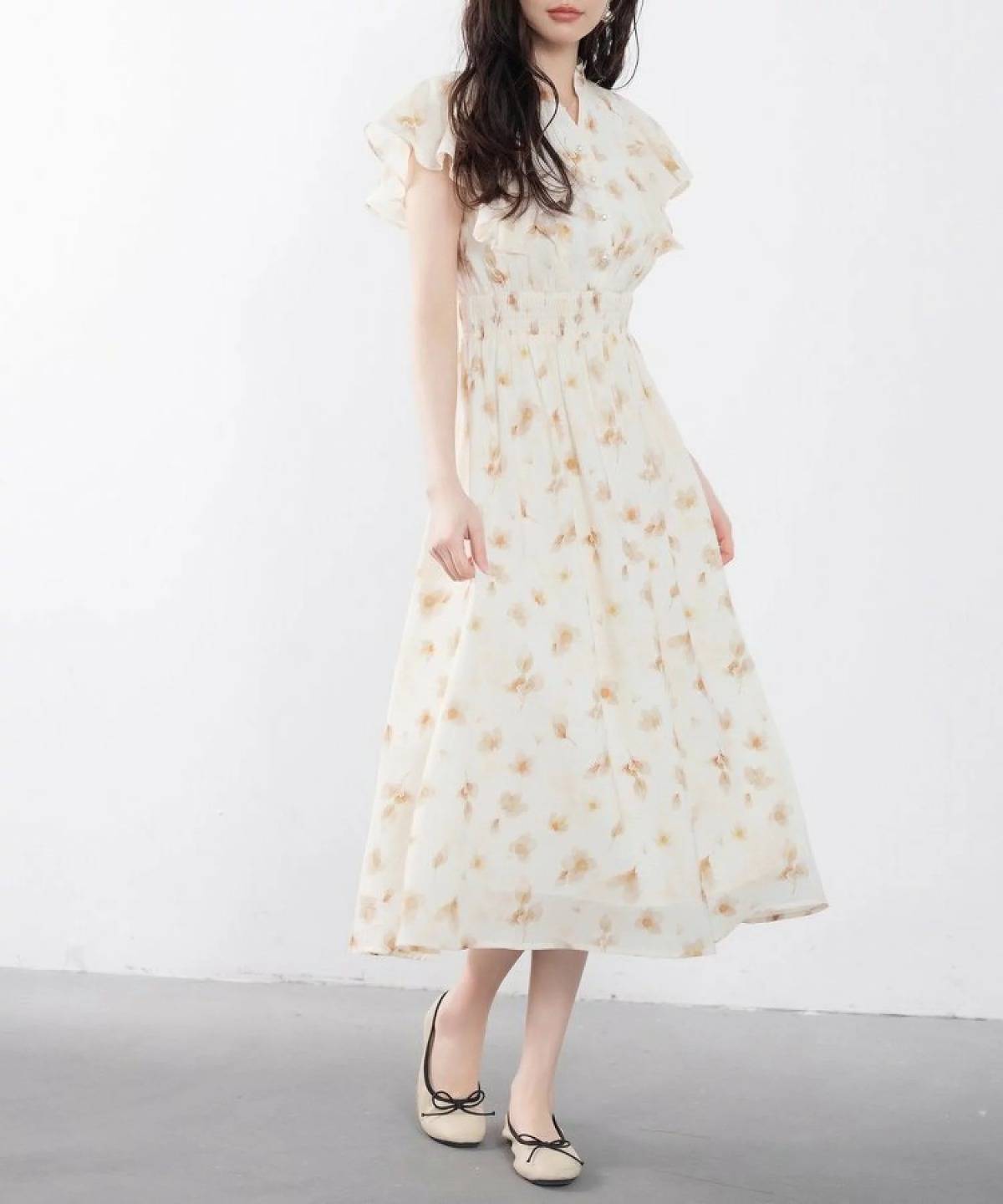SAISON DE PAPILLON ウエストシャーリング花柄ワンピース