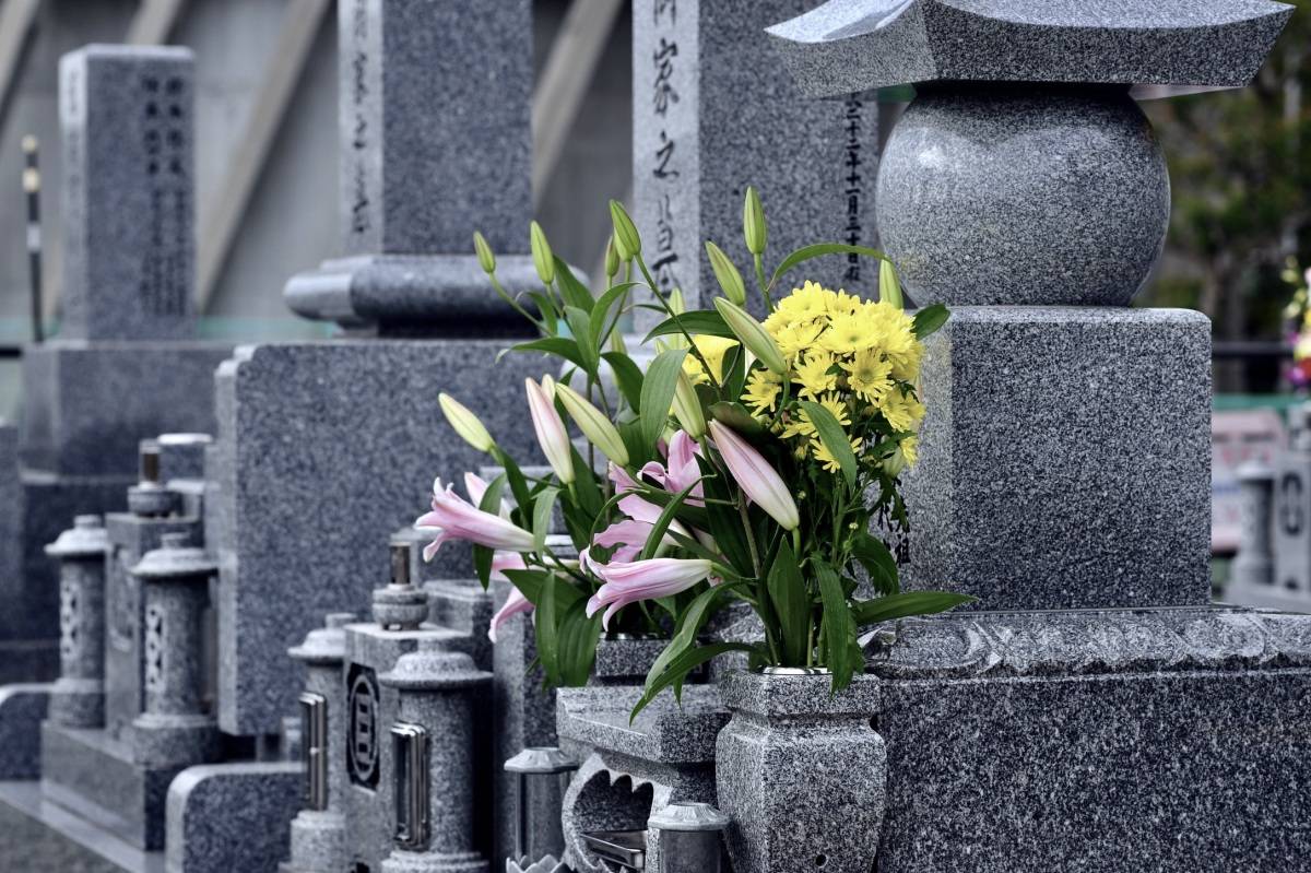 灰色の墓石が並ぶ墓地で、ピンクのユリと黄色い花が供えられている