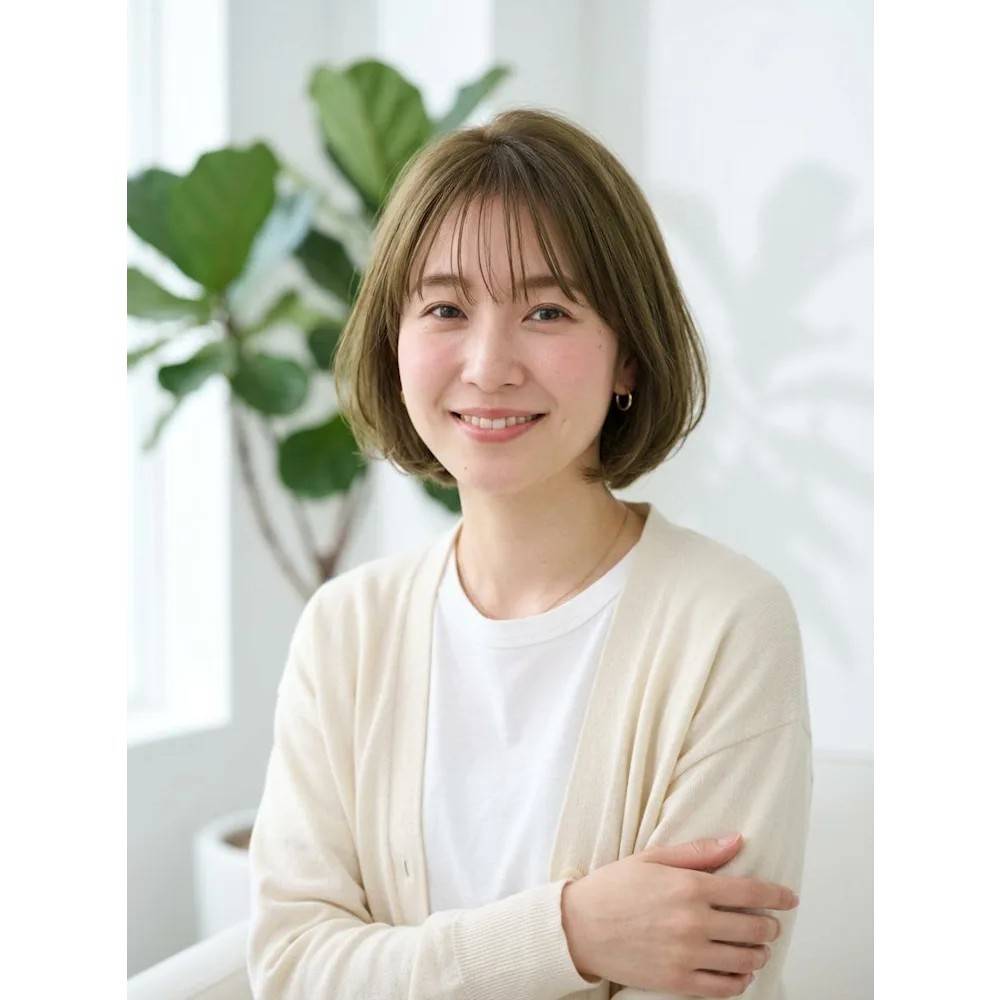 オリーブベージュの丸みボブ