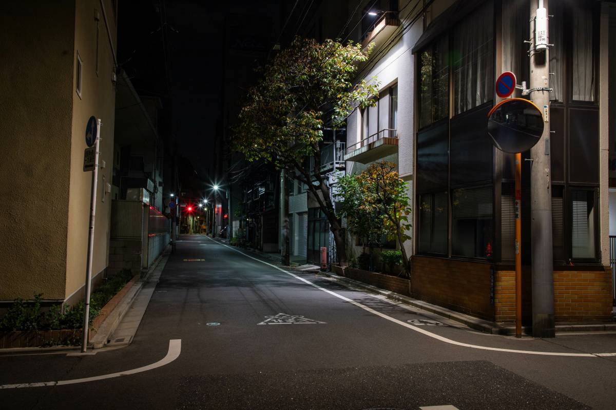 街灯に照らされた、夜の住宅街の曲がり角
