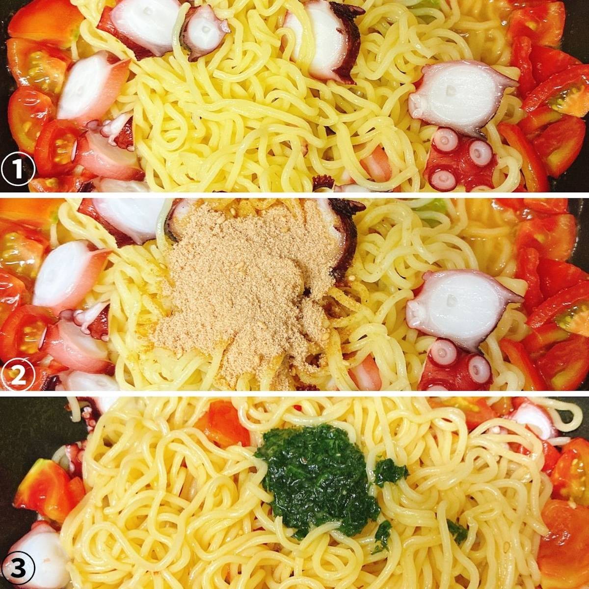 マルちゃん公式の「タコとトマトの塩焼きそば」のレシピ