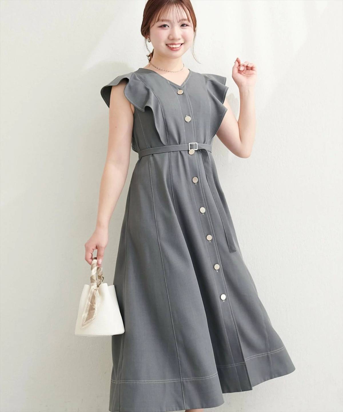 natural couture 配色ステッチラッフル袖ワンピース