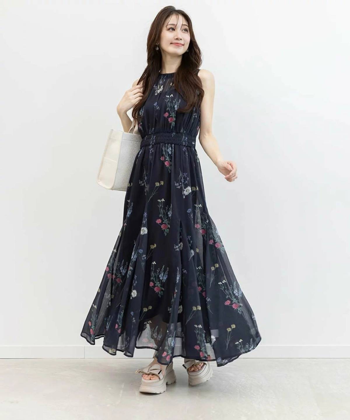 RANDA ボタニカルフラワーシフォンワンピース