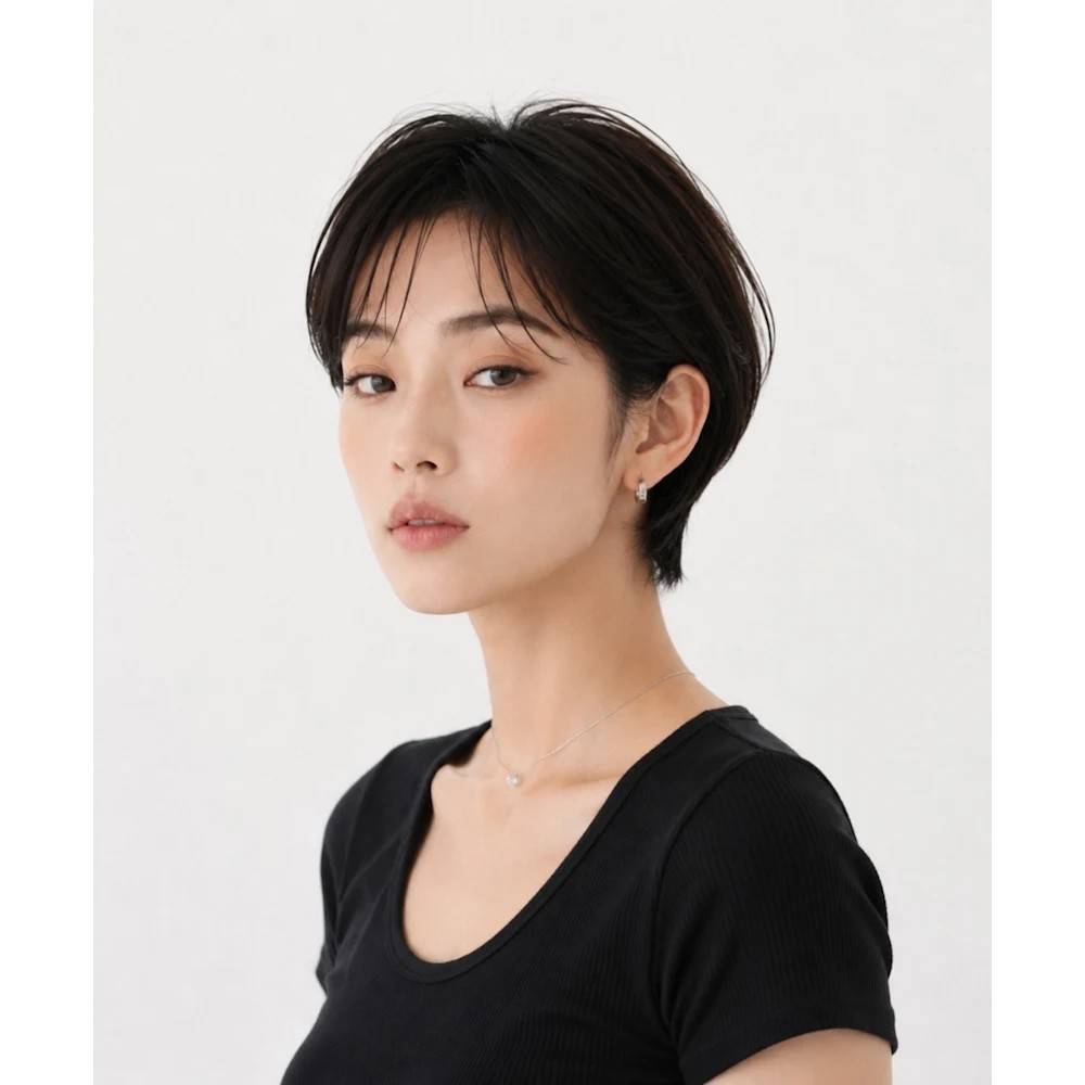 薄めバングの耳掛けショート