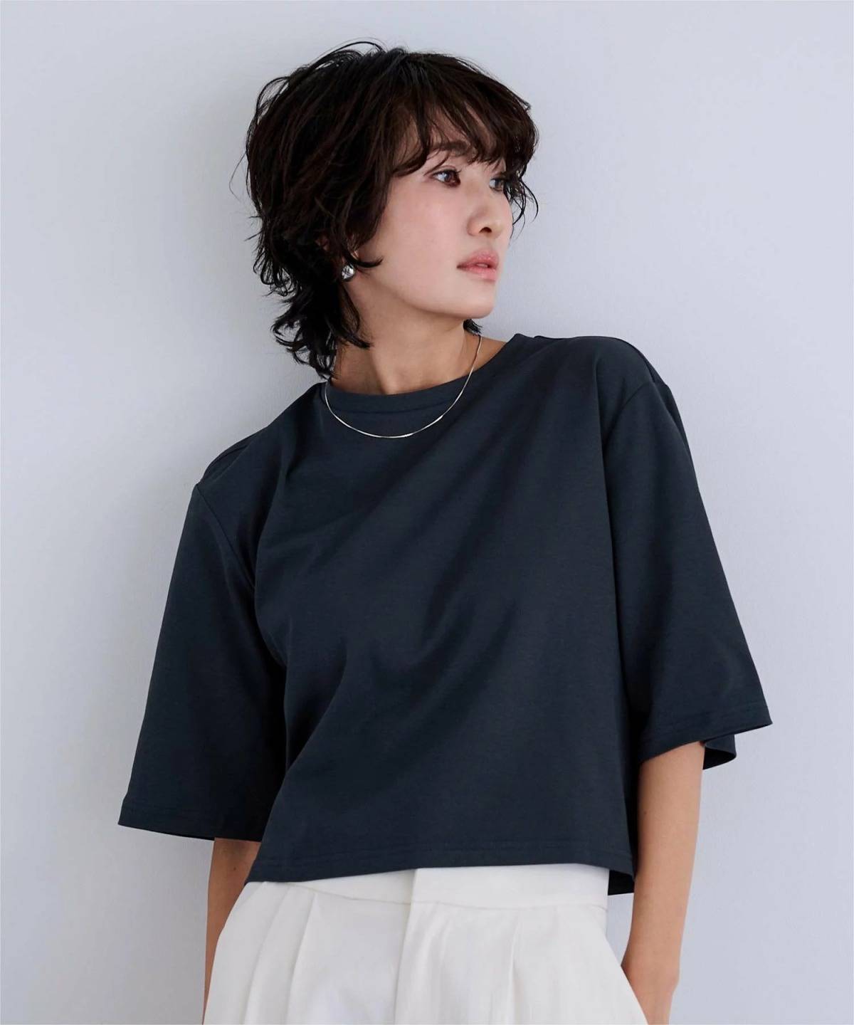 ur's 汗染み防止 クロップド Tシャツ トップス カットソー フレアー クルーネック 快適