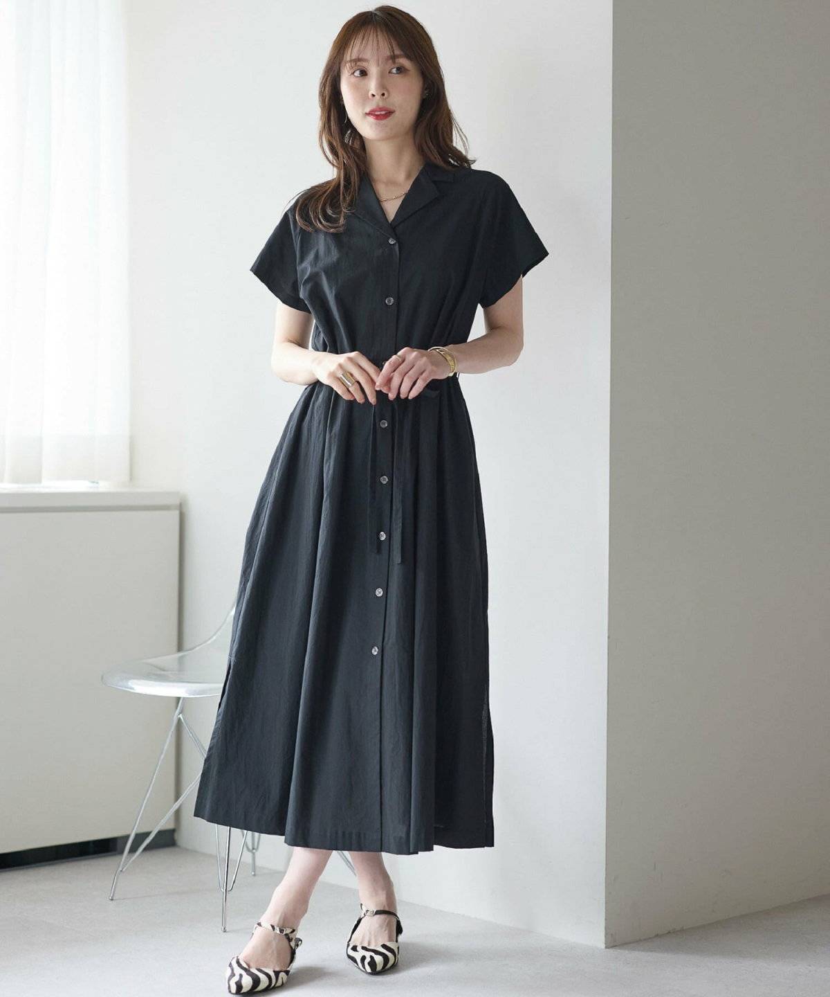 PREFERIR 前開き2WAYウエストギャザーシャツワンピース