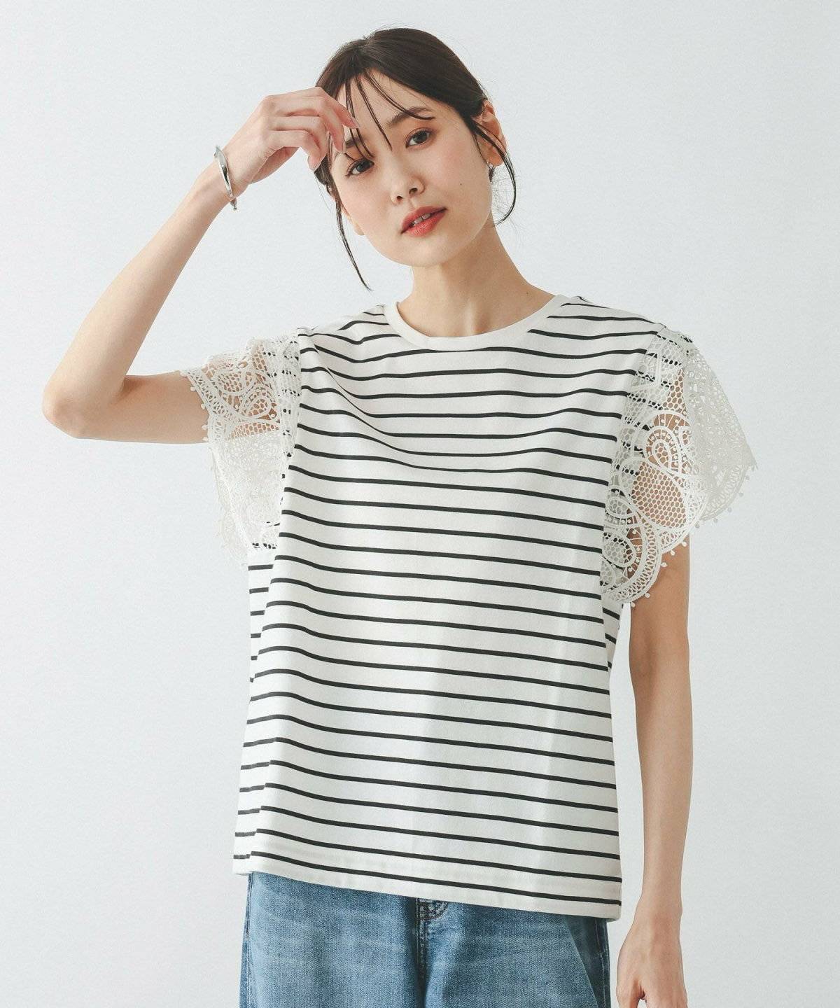 GLOBAL WORK フローズン袖レースプルオーバー半袖