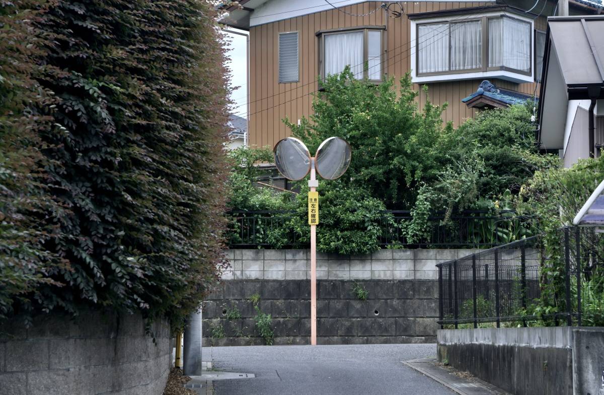 住宅街のT字路に設置された、左右を映す2枚のカーブミラー