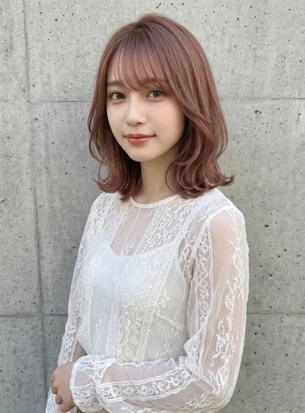 ピンクベージュカラーのフェミニンボブ