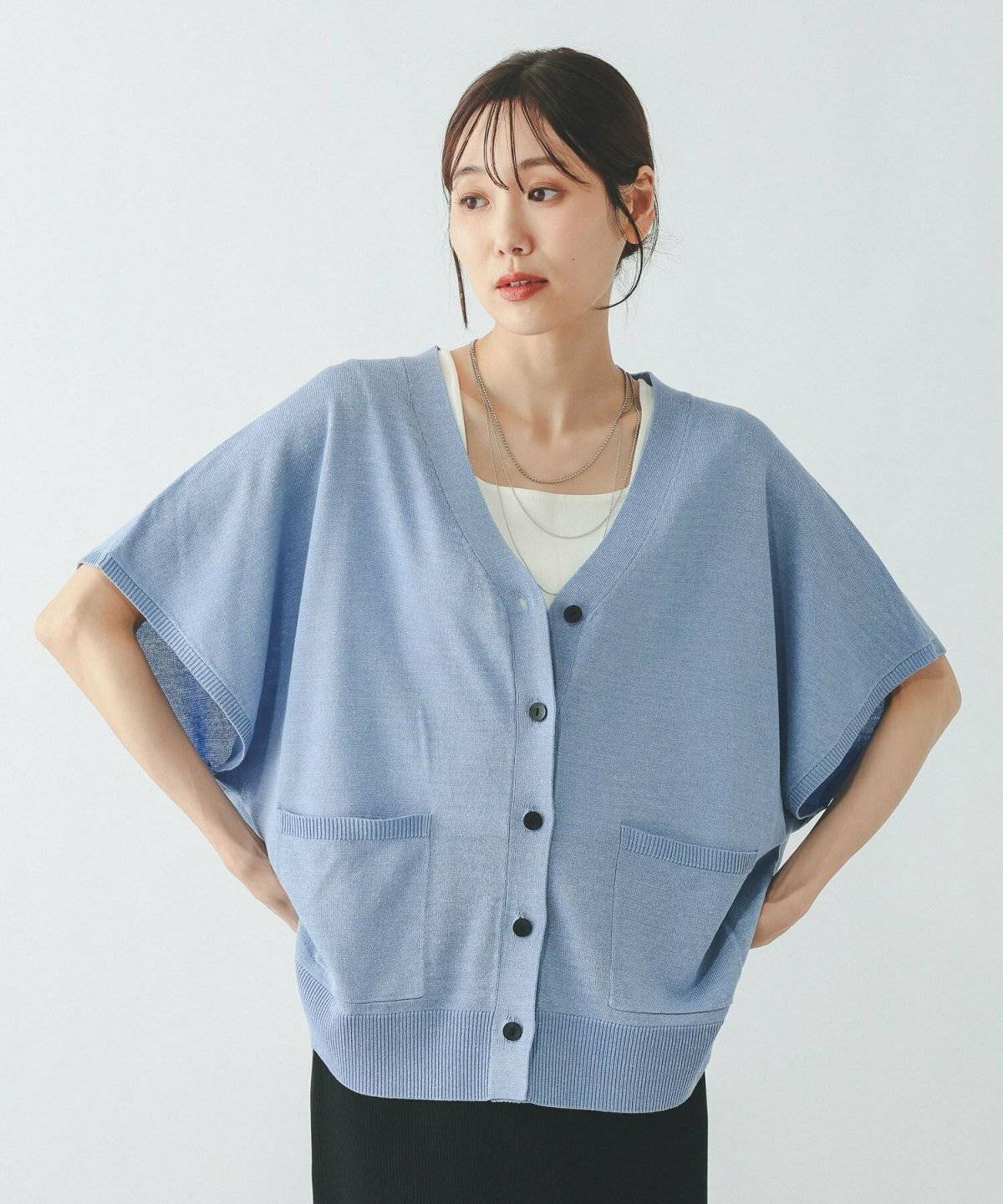 GLOBAL WORK リネン混ニットVネックカーディガン半袖