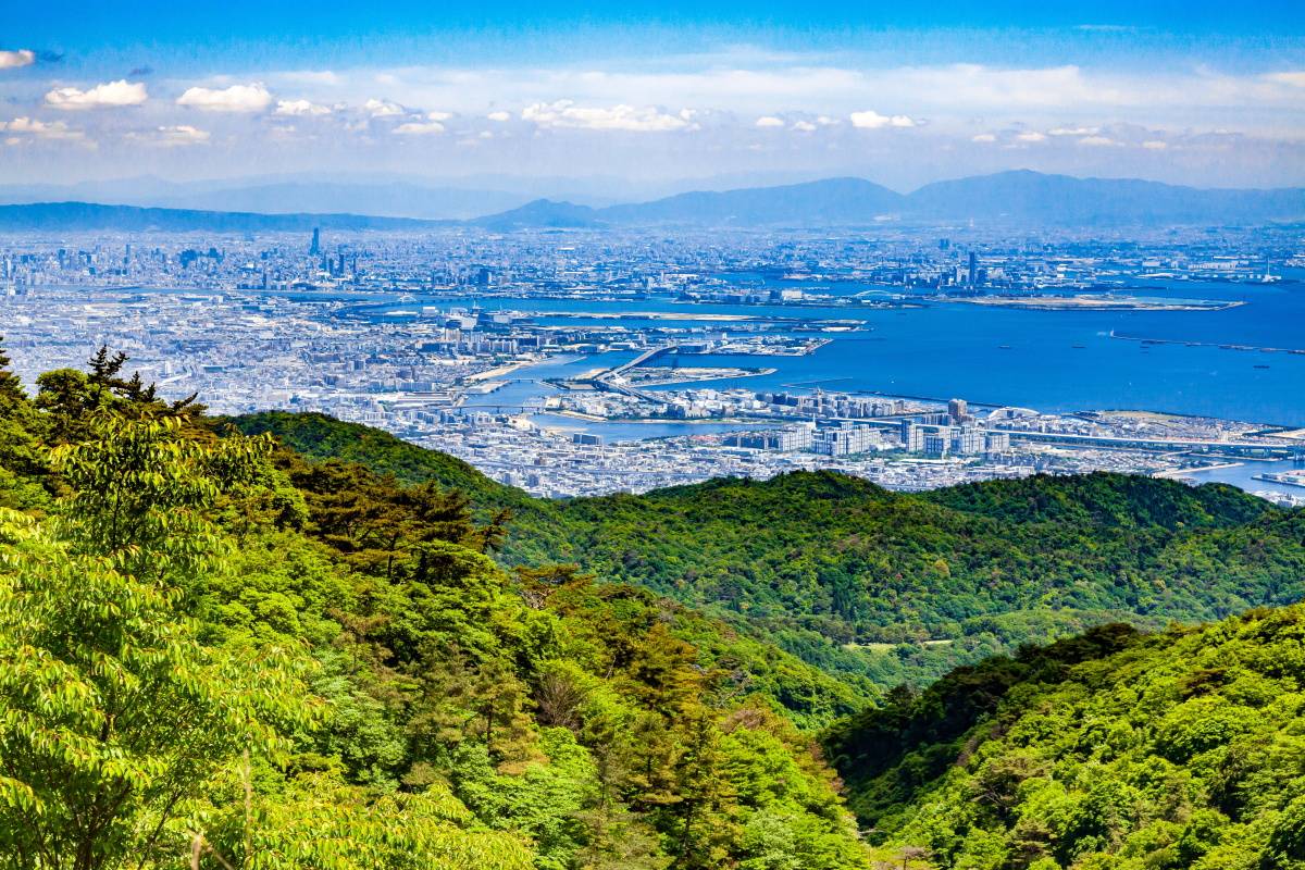 六甲山頂から眺める兵庫県芦屋市、西宮市、尼崎市、大阪方面の風景