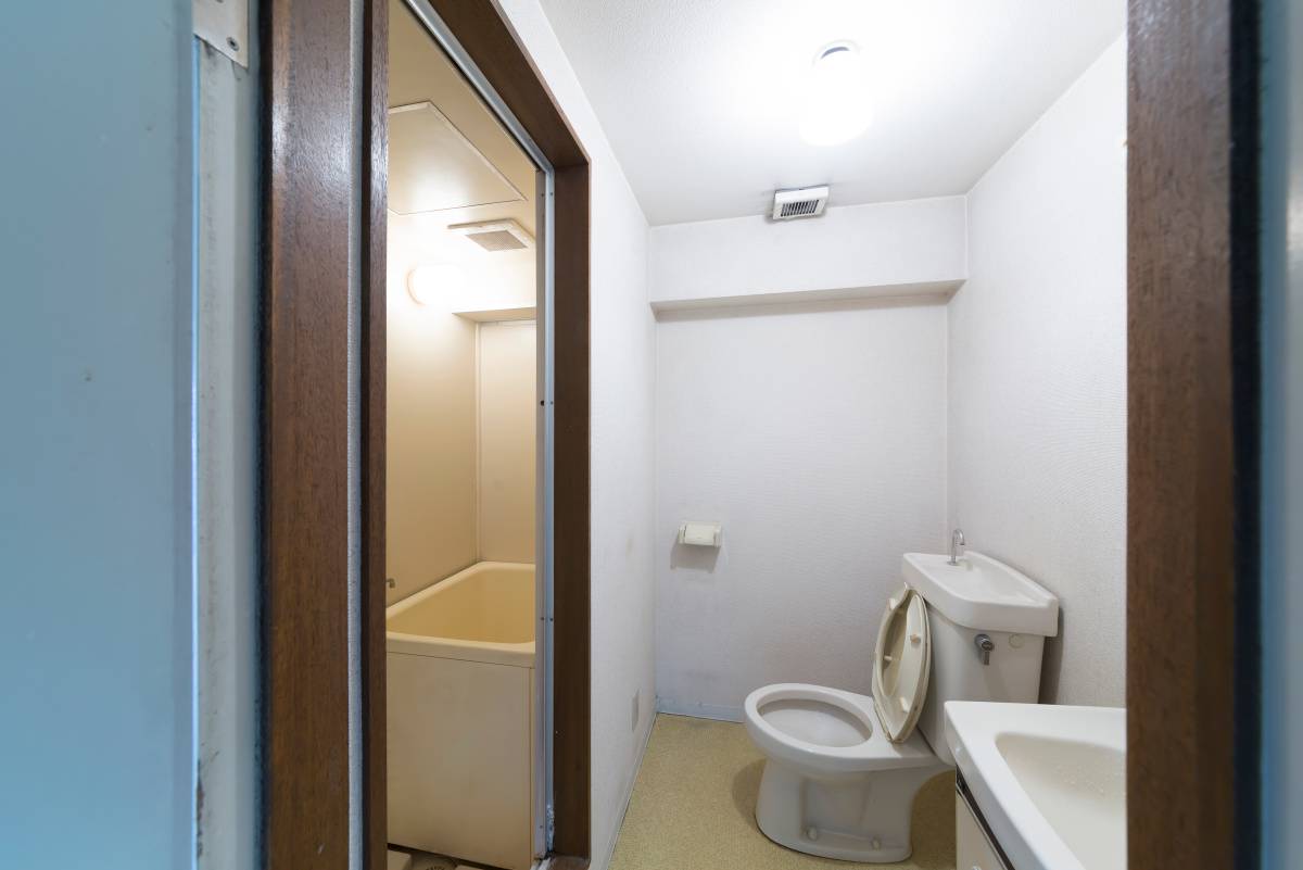 トイレと洗面台がある水回りの室内。左側の開いた扉の奥に浴室が見える。